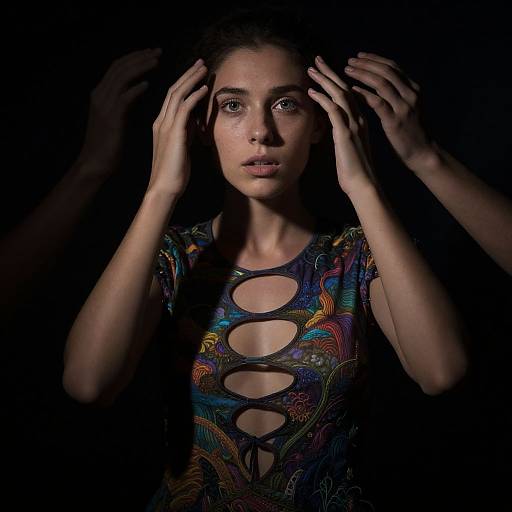 Photograph of a young woman with fair skin and brown hair, wearing a colorful, patterned top with large cutouts, hands in hair, against