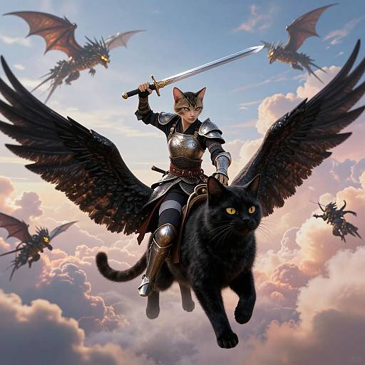 Furry cat warrior with black wings and armor, holding a sword, riding a black cat, battling flying dragons in a cloudy sky. Digital fantasy art