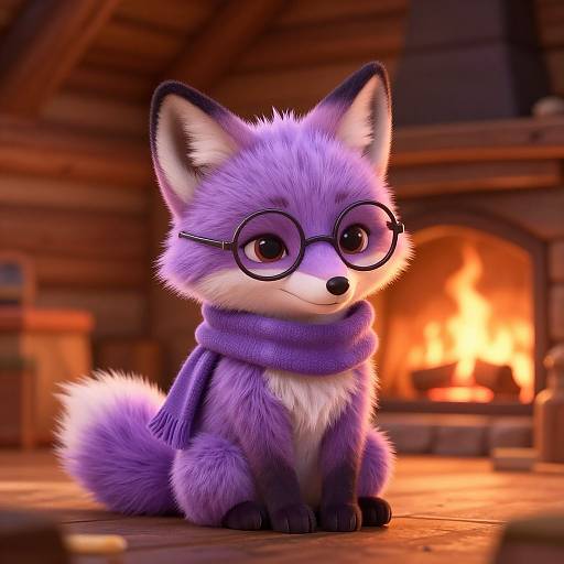 Cute CGI purple fox with round glasses and a purple scarf, sitting in front of a warm, glowing fireplace in a cozy wooden cabin.