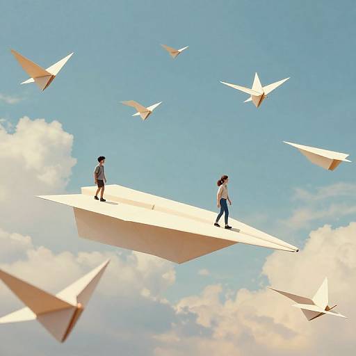 Photograph of two children standing on a large white paper airplane, flying with smaller paper airplanes in a clear blue sky.