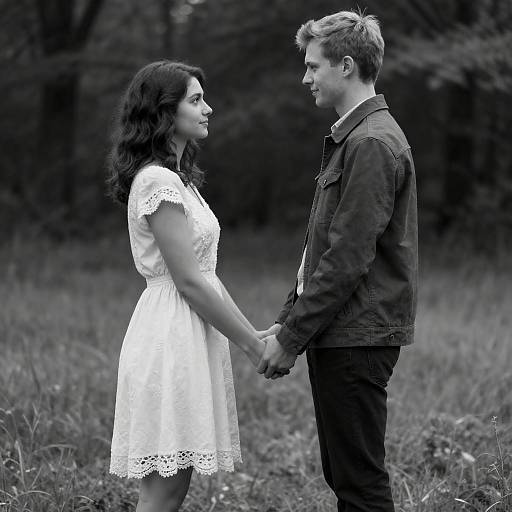 Black-and-white photograph of a couple holding hands, standing in a grassy field, with the woman in a white lace dress and the man in a