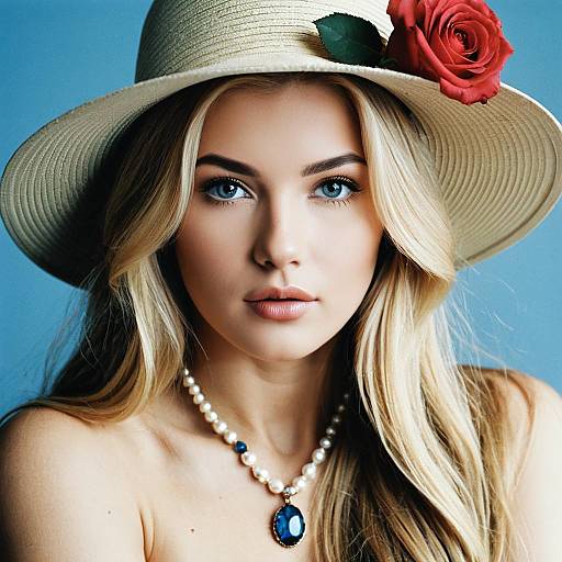 Blonde Woman with Floral Hat and Jewelry