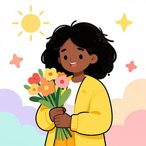Digital illustration of a smiling Black woman with curly hair, wearing a yellow shirt, holding a bouquet of colorful flowers, against a sunlit, starry