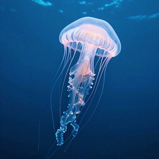 Photograph of a glowing, translucent jellyfish with long, delicate tentacles floating in a deep blue ocean.