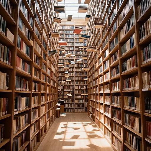 Photograph of a sunlit, narrow library aisle with tall wooden bookshelves filled with books on both sides, and books hanging from the ceiling.