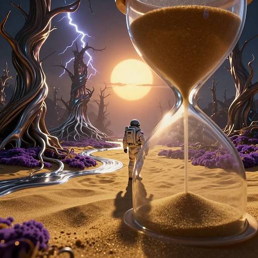 Digital art: A stormy desert landscape with purple bushes, twisted trees, a glowing sun, and a glass hourglass. A small droid stands