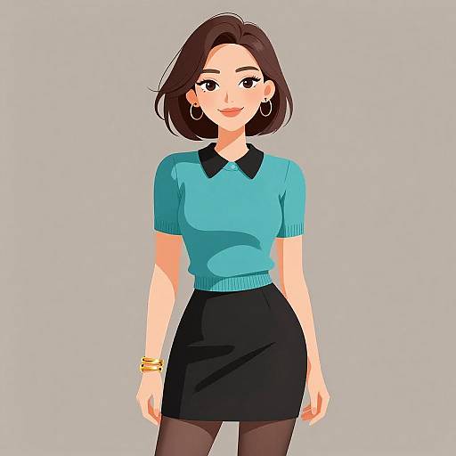 Digital illustration of an Asian woman with short brown hair, wearing a turquoise top, black collar, black skirt, black tights, gold earrings, and