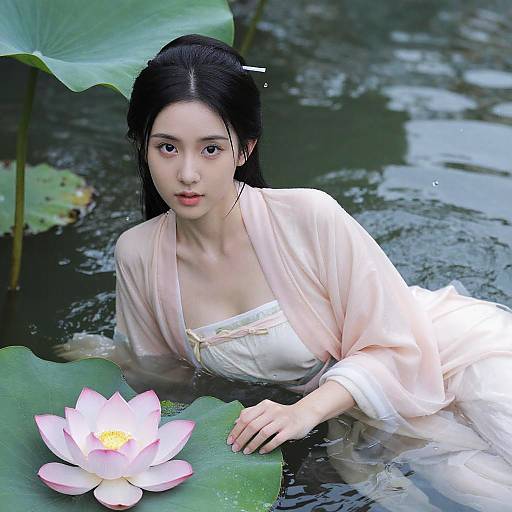 Photograph of an Asian woman with black hair, wearing a white and pink semi-sheer robe, floating in a pond with lotus leaves and