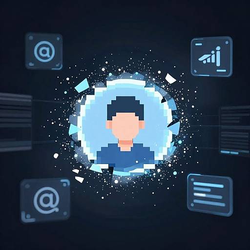 Pixel art: Blue glowing circular portal with white fragments, centering a pixelated face, surrounded by four blue interface icons. Digital, sci-fi style