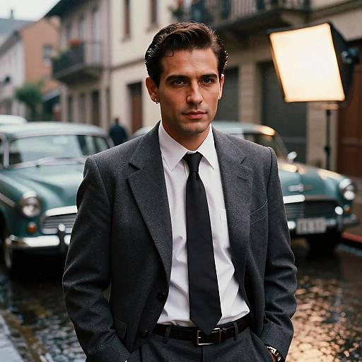 Photograph of a handsome, dark-haired man in a gray suit, white shirt, black tie, standing on a cobblestone street with vintage cars