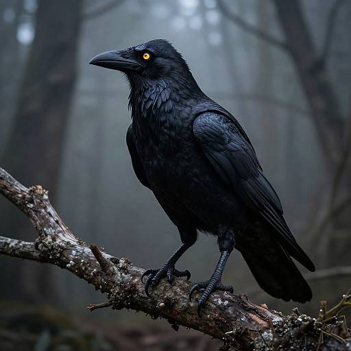 Photograph of a black raven with bright yellow eyes perched on a mossy branch in a misty, foggy forest.