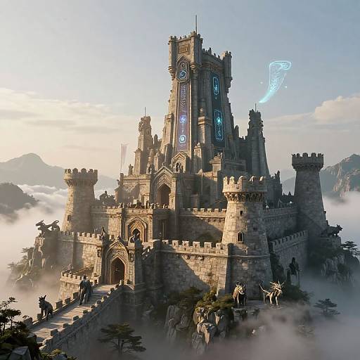 Fantasy castle with gothic architecture, glowing blue runes, clock tower, and misty surroundings; medieval knights and steeds at its base. Digital
