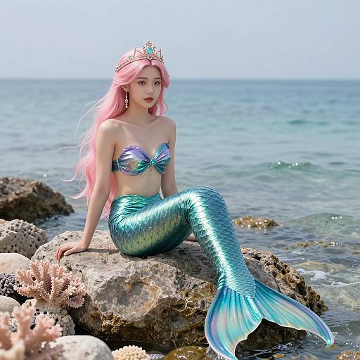Mermaid with Pink Hair by the Sea