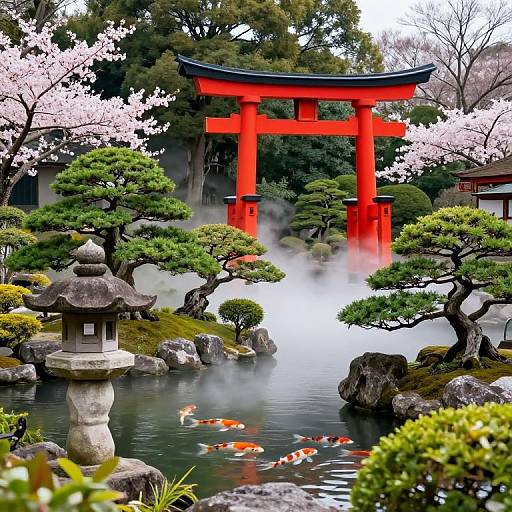 Photograph of a tranquil Japanese garden with a vibrant red torii gate, cherry blossom trees, a koi pond with orange fish, and traditional stone