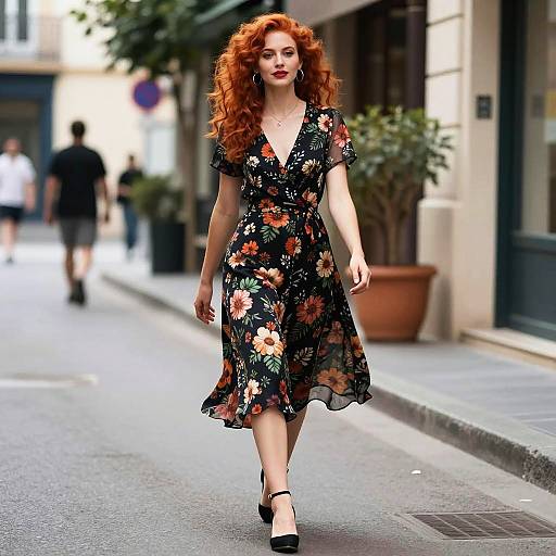 Elegant Woman Strolling in Floral Attire