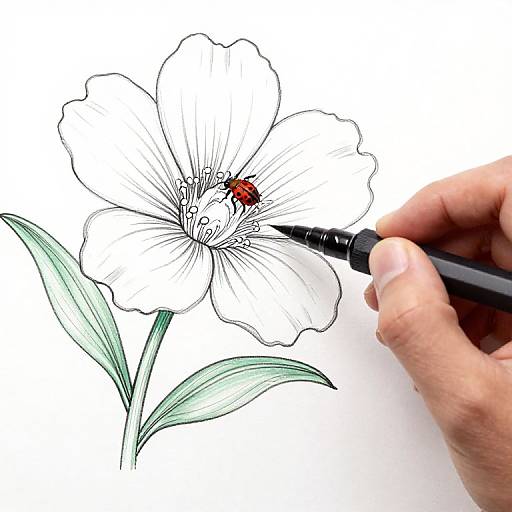 Ink drawing of a white flower with green leaves, a red ladybug on the center, and a hand holding a black pen.