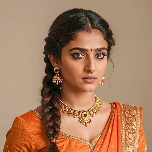 Indian Woman in Traditional Orange Dress with Side Braid