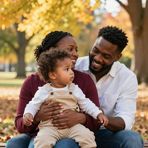 Photograph of a joyful Black family in autumn park; mother with braided hair, maroon sweater, holding curly-haired baby in beige overalls,