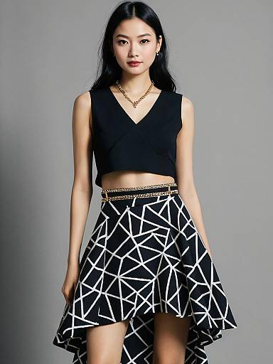Stylish Woman in Black Geometric Print Outfit