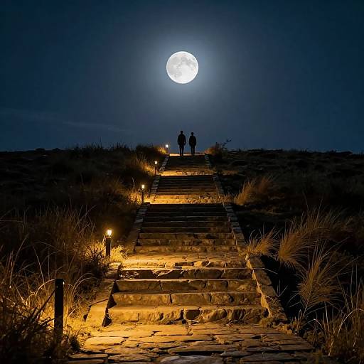 Photograph of a moonlit night scene with two silhouetted figures standing at the top of illuminated stone steps, surrounded by dark desert grasses