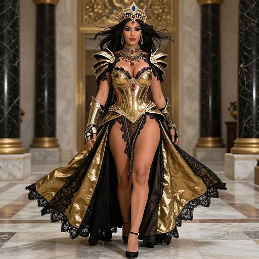 Digital illustration of a regal woman with long black hair, wearing a golden and black lace corset, crown, and elaborate armor, walking in a