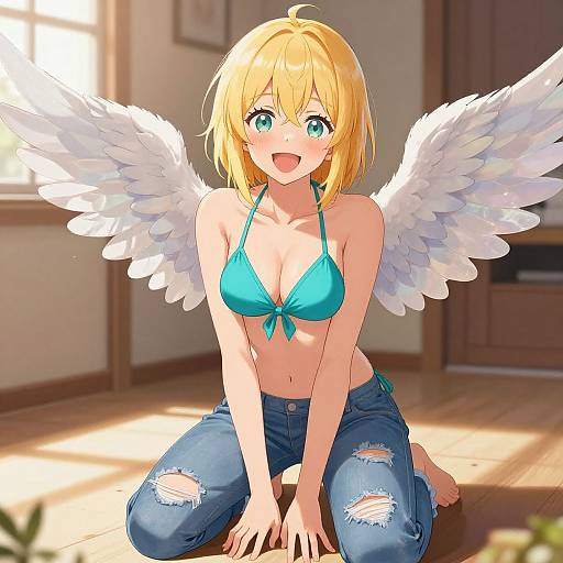 Anime-style digital drawing of a blonde, green-eyed angel girl with white wings, wearing a turquoise bikini top and ripped jeans, kneeling joyfully in a