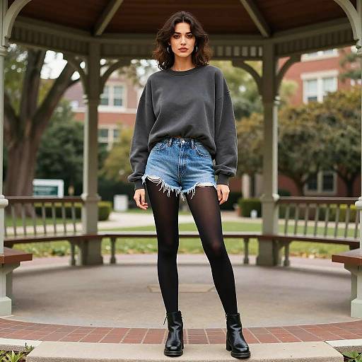 Photograph of a dark-haired woman in a black sweatshirt, frayed denim shorts, black tights, and black ankle boots, standing in a