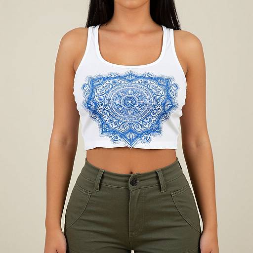 Photograph of a woman with tan skin, black hair, wearing a white cropped tank top with blue mandala design, and olive green pants.