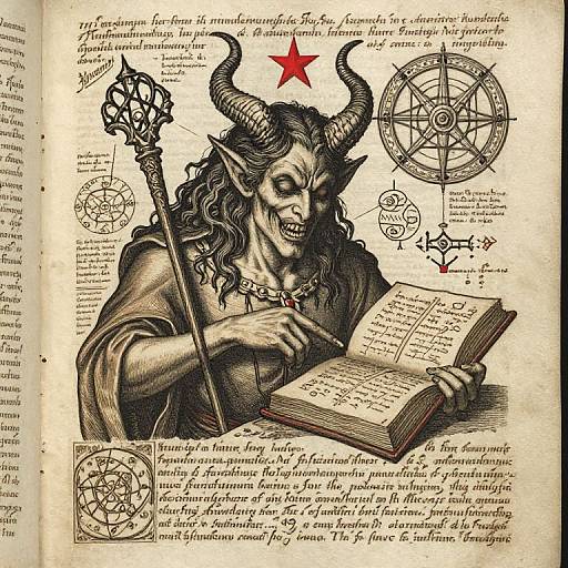 Illustrated black-and-white engraving of a demonic figure with horns, pointed teeth, and curly hair, reading an open book, holding a staff,