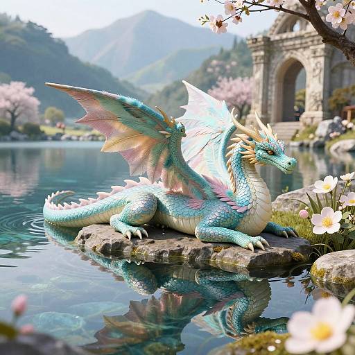 Digital painting of a turquoise, pink-winged dragon lounging on a rock in a serene, reflective lake, with cherry blossoms and an ancient stone