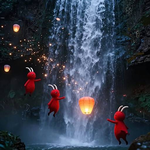 Photograph of four red, horned, floating creatures jumping near a glowing waterfall in a dark, mystical forest with floating lanterns.