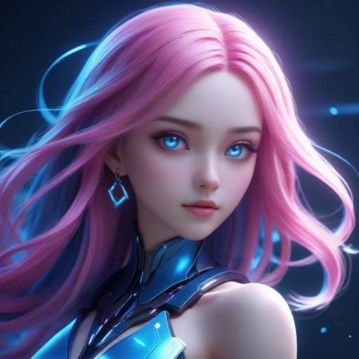 CGI portrait of a futuristic, fair-skinned woman with long, blue and pink gradient hair, wearing glowing blue-tinged armor, looking forward