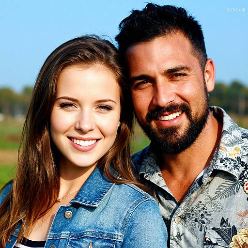 Photograph of a smiling, brown-haired woman in a denim jacket, and a bearded man with dark hair in a floral shirt, standing close outdoors