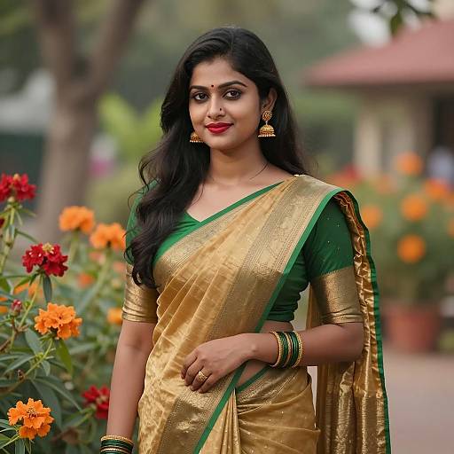 Young Indian Woman in Golden Kashta Saree in Garden