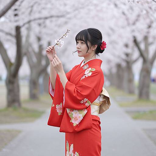 Photograph of a young Japanese woman in a red kimono with floral patterns, holding cherry blossoms, standing on a tree-lined path.