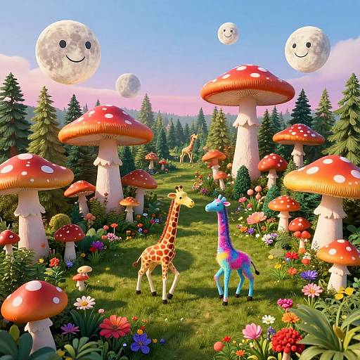 Whimsical digital art: colorful giraffe and blue-striped zebra stand near giant red-and-white-spotted mushrooms with smiling moon faces, in a