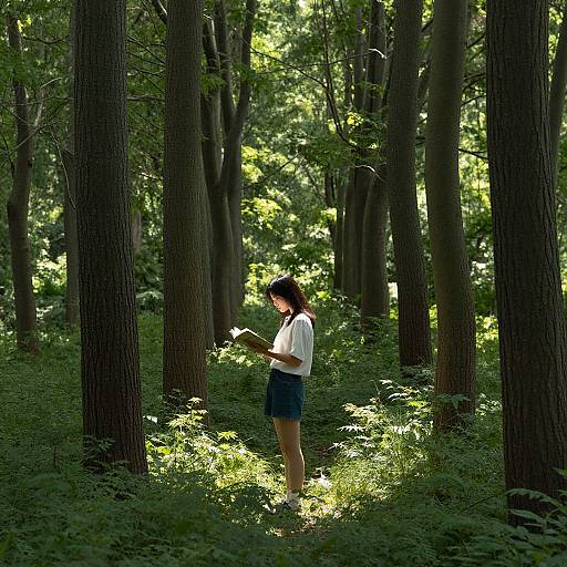 Photograph of a young woman with long black hair, white shirt, and blue skirt, standing in a sunlit, dense forest, reading a book