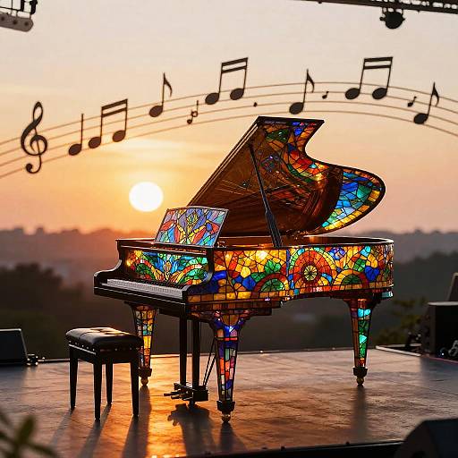 Photograph of a vibrant, stained-glass grand piano at sunset, with musical notes in the background, and a black stool in front.