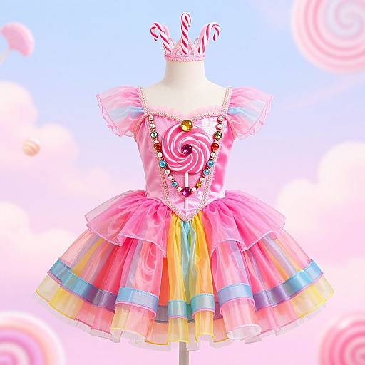 Photograph of a vibrant pink and rainbow-colored, candy-cane-adorned, off-shoulder dress with a swirly flower design,