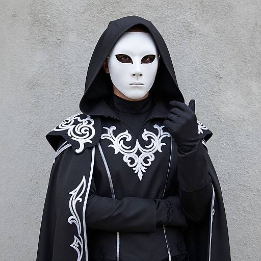 Photograph of a person in a black hooded cloak with white ornate patterns, black gloves, and a white masks with black eye holes, standing