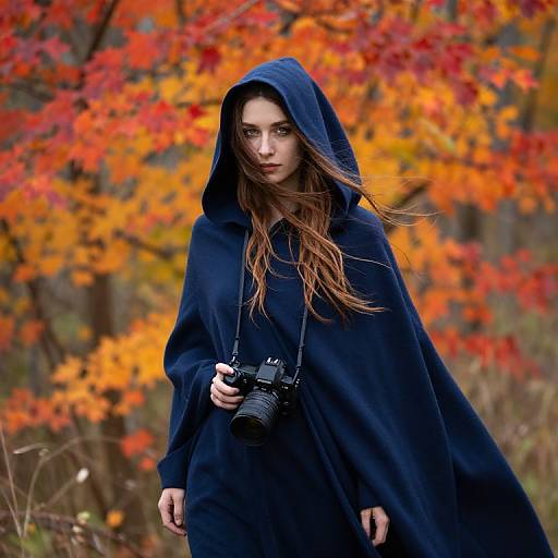Photograph of a young woman with long brown hair, wearing a black hooded cloak and holding a camera, standing amidst vibrant autumn leaves with red and