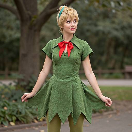 Photorealistic CGI of a blonde woman with short hair, green dress with red bow, green leggings, and blue hair ribbon, standing in a park