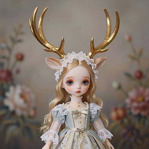 Photograph of a porcelain doll with golden antlers, blonde hair, blue eyes, wearing a lace-trimmed blue dress, against a floral background