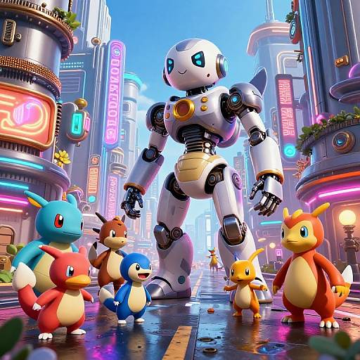CGI scene of a futuristic neon city with a towering white robot standing among Pokémon (Charmander, Cyndaquil, Totodile, Mud