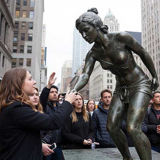 Photograph of a bronze sculpture of a topless, muscular woman with tied hair, being touched by a woman in a black coat, surrounded by on