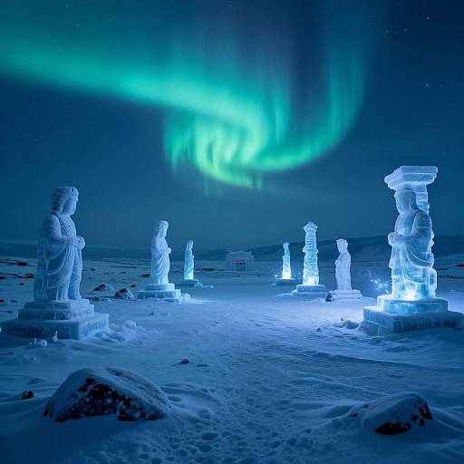 Photograph of glowing blue statues in a snowy landscape under the Northern Lights, with vibrant green auroras illuminating the night sky.