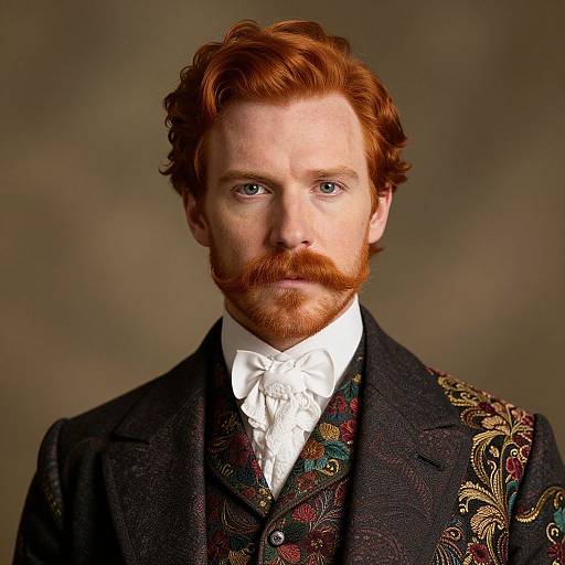Photograph of a fair-skinned, red-haired man with a full beard, wearing a Victorian-style dark suit with ornate floral patterns, white cr