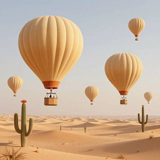 Photograph of six beige hot air balloons with brown baskets floating over a sunlit, sandy desert with cacti and clear blue sky.
