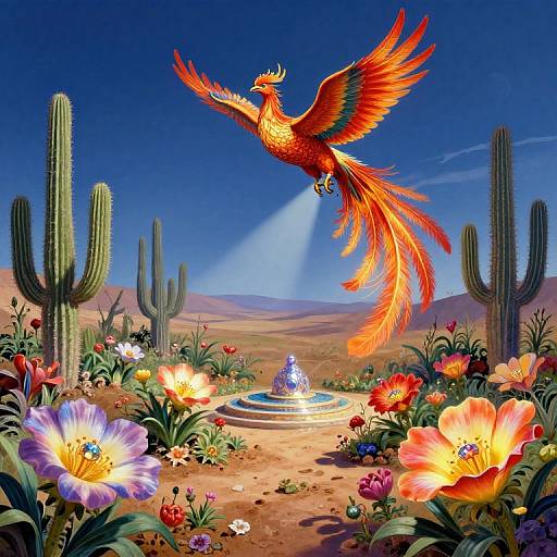 Digital illustration of a vibrant phoenix with fiery red and orange feathers, mid-flight above a desert garden with colorful flowers, cacti, and a glowing
