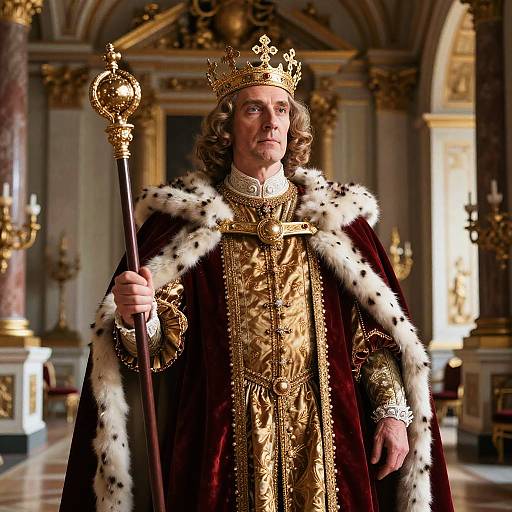Photograph of a regal man with long curly hair, wearing a gold crown, ornate gold robe, and black fur-trimmed cape,